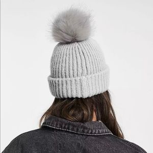 Topshop knitted pom pom beanie in gray NEW